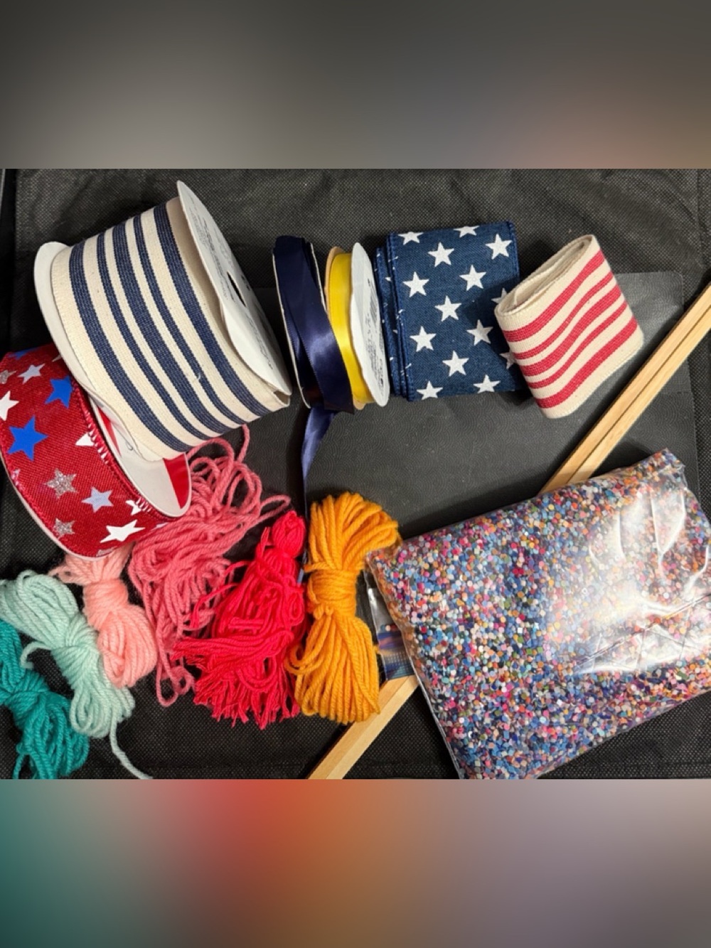 Miscellaneous Ribbons, wooden sticks & yarn